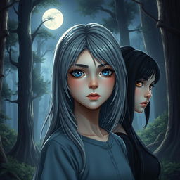 A realistic 17-year-old teenage girl with gray hair and striking blue eyes, quietly standing in a mystical forest under the soft glow of the moon