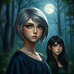A realistic 17-year-old teenage girl with gray hair and striking blue eyes, quietly standing in a mystical forest under the soft glow of the moon