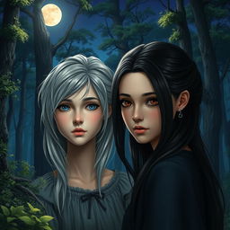 A realistic 17-year-old teenage girl with gray hair and striking blue eyes, quietly standing in a mystical forest under the soft glow of the moon