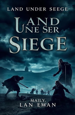 A book cover design for a novel titled 'Land Under Siege', depicting a mysterious and sad drama with elements of romance