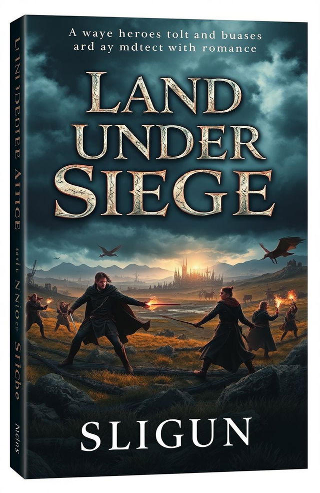 A book cover design for a novel titled 'Land Under Siege', depicting a mysterious and sad drama with elements of romance