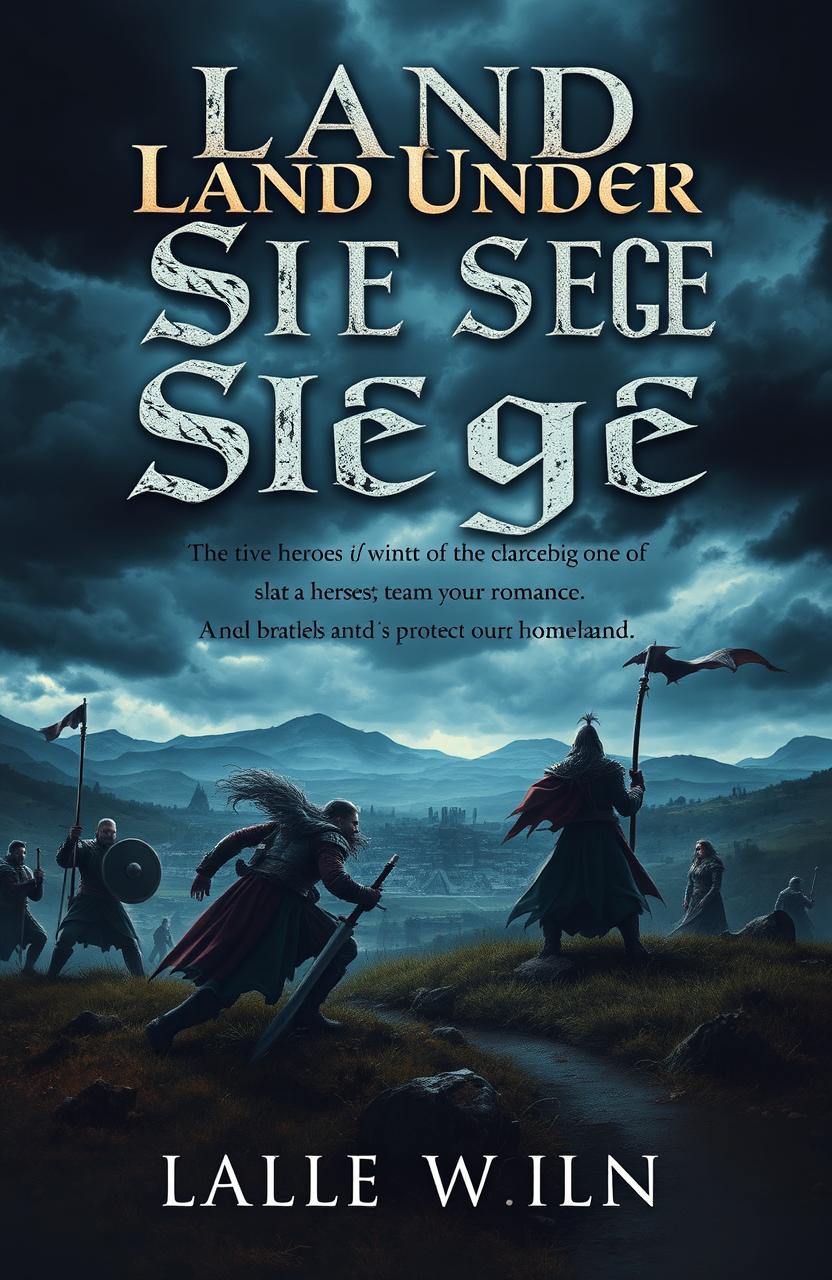 A book cover design for a novel titled 'Land Under Siege', depicting a mysterious and sad drama with elements of romance