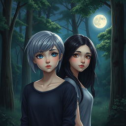 A realistic depiction of two 17-year-old teenage girls in a tranquil forest at night under the enchanting glow of the moon