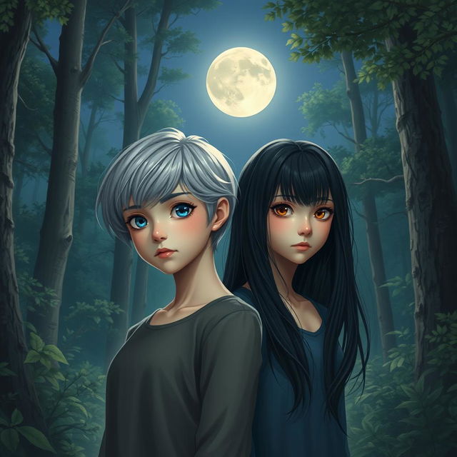 A realistic depiction of two 17-year-old teenage girls in a tranquil forest at night under the enchanting glow of the moon