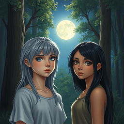 A realistic depiction of two 17-year-old teenage girls in a tranquil forest at night under the enchanting glow of the moon