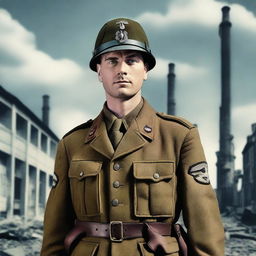 Generate an image of a 1943 German soldier in his uniform, standing tall with a backdrop of World War II era infrastructure.