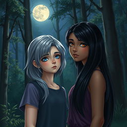 A realistic depiction of two 17-year-old teenage girls in a tranquil forest at night under the enchanting glow of the moon