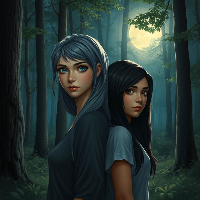 A realistic portrayal of two 17-year-old teenage girls in a tranquil forest illuminated by the moonlight