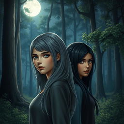 A realistic portrayal of two 17-year-old teenage girls in a tranquil forest illuminated by the moonlight