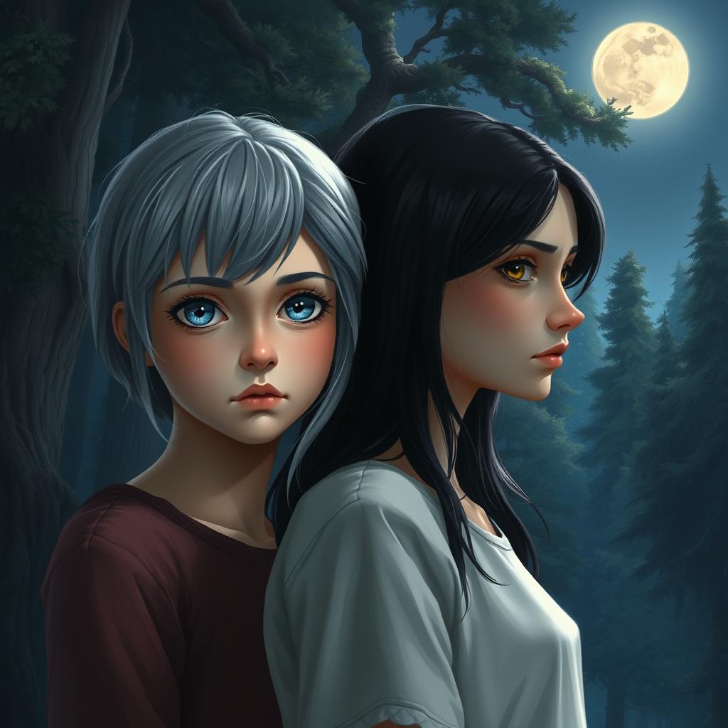 A realistic depiction of two teenage girls in silence in a serene forest under a moonlit sky