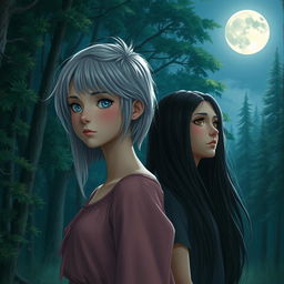 A realistic depiction of two teenage girls in silence in a serene forest under a moonlit sky