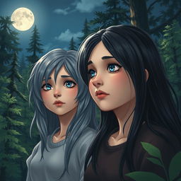 A realistic depiction of two teenage girls in silence in a serene forest under a moonlit sky