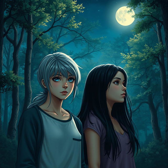 A realistic depiction of two teenage girls in silence in a serene forest under a moonlit sky