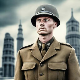 Generate an image of a 1943 German soldier in his uniform, standing tall with a backdrop of World War II era infrastructure.