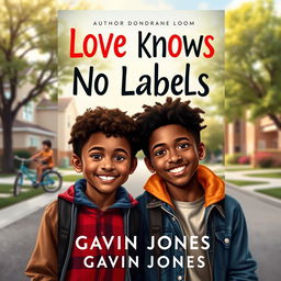 A captivating book cover design for the title 'Love Knows No Labels' by Gavin Jones, featuring two identical African American twins, Dean and Damien, depicted as teenage boys with warm expressions and diverse styles of clothing