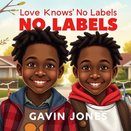 A captivating book cover design for the title 'Love Knows No Labels' by Gavin Jones, featuring two identical African American twins, Dean and Damien, depicted as teenage boys with warm expressions and diverse styles of clothing