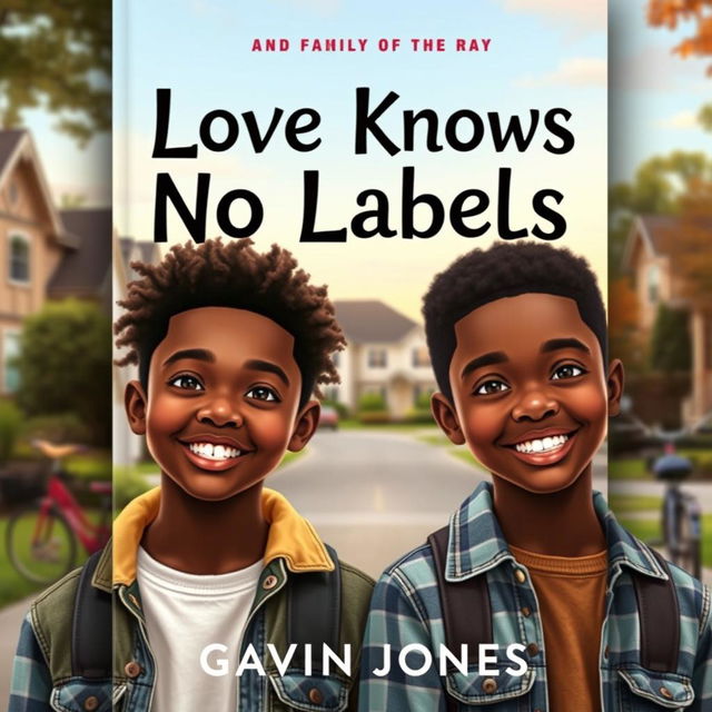 A captivating book cover design for the title 'Love Knows No Labels' by Gavin Jones, featuring two identical African American twins, Dean and Damien, depicted as teenage boys with warm expressions and diverse styles of clothing