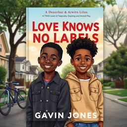 A captivating book cover design for the title 'Love Knows No Labels' by Gavin Jones, featuring two identical African American twins, Dean and Damien, depicted as teenage boys with warm expressions and diverse styles of clothing