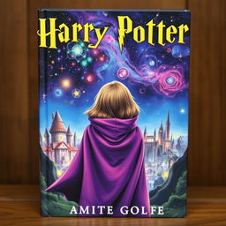 The book cover features a blend of Marvel and Harry Potter themes, showcasing a girl seen from behind wearing a vibrant purple cloak