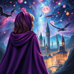 The book cover features a blend of Marvel and Harry Potter themes, showcasing a girl seen from behind wearing a vibrant purple cloak