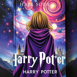 The book cover features a blend of Marvel and Harry Potter themes, showcasing a girl seen from behind wearing a vibrant purple cloak
