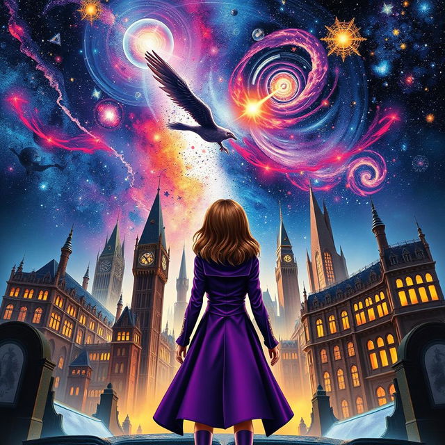 The book cover presents a captivating fusion of Marvel and Harry Potter themes, featuring a girl seen from behind dressed in a striking purple outfit