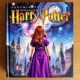 The book cover presents a captivating fusion of Marvel and Harry Potter themes, featuring a girl seen from behind dressed in a striking purple outfit