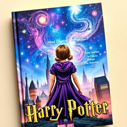 The book cover presents a captivating fusion of Marvel and Harry Potter themes, featuring a girl seen from behind dressed in a striking purple outfit