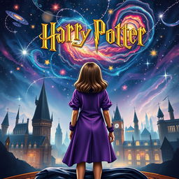 The book cover presents a captivating fusion of Marvel and Harry Potter themes, featuring a girl seen from behind dressed in a striking purple outfit