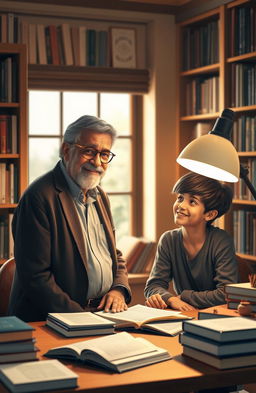 A serene and uplifting scene of mentorship, featuring a wise and compassionate mentor named Nav Itond, engaging one-on-one with a young, eager student