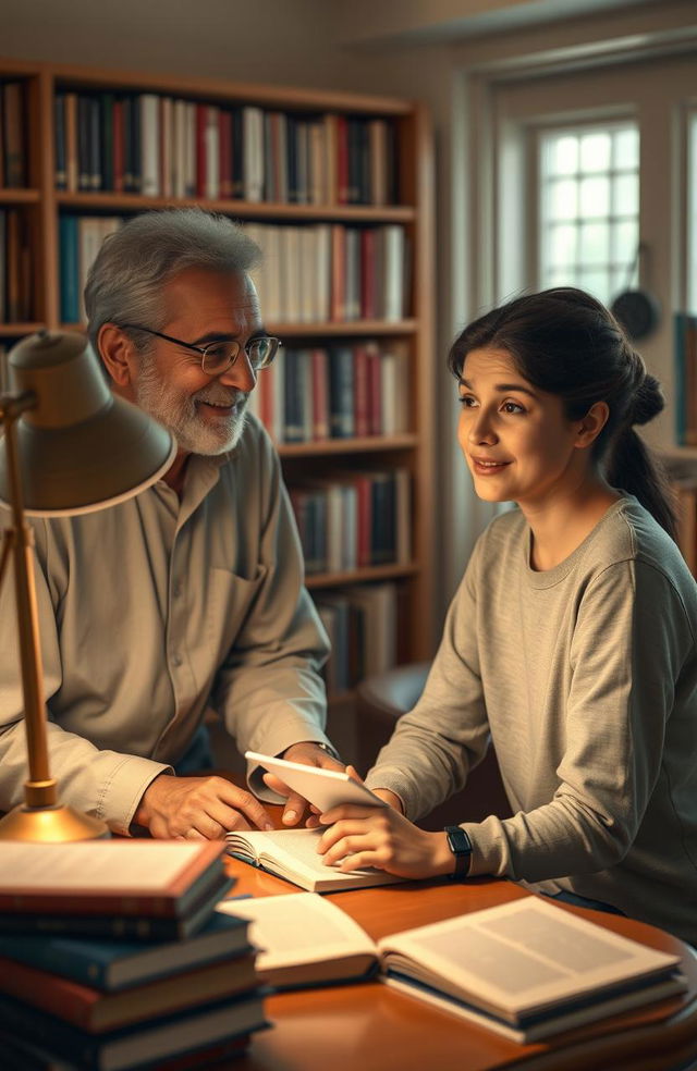 A serene and uplifting scene of mentorship, featuring a wise and compassionate mentor named Nav Itond, engaging one-on-one with a young, eager student