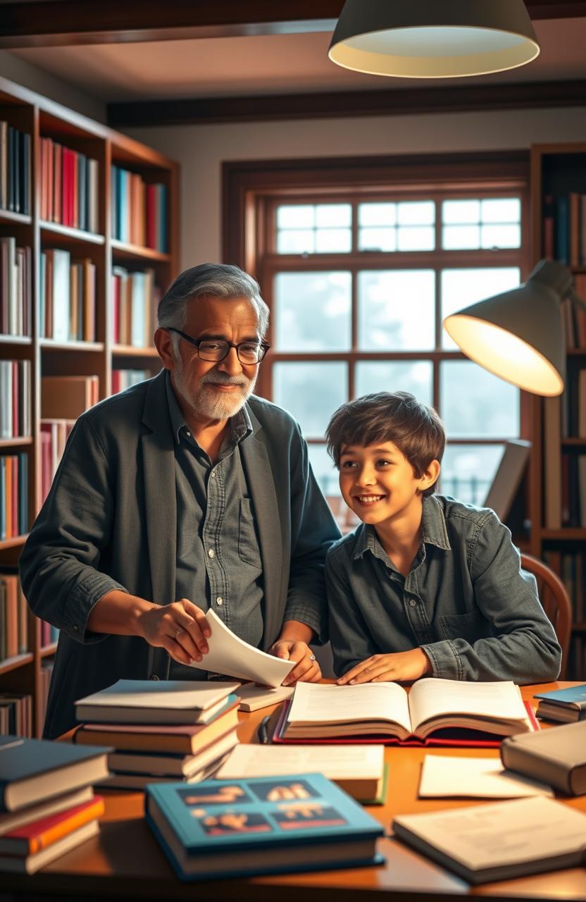 A serene and uplifting scene of mentorship, featuring a wise and compassionate mentor named Nav Itond, engaging one-on-one with a young, eager student