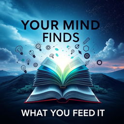 A captivating and thought-provoking book cover for 'YOUR MIND FINDS WHAT YOU FEED IT'