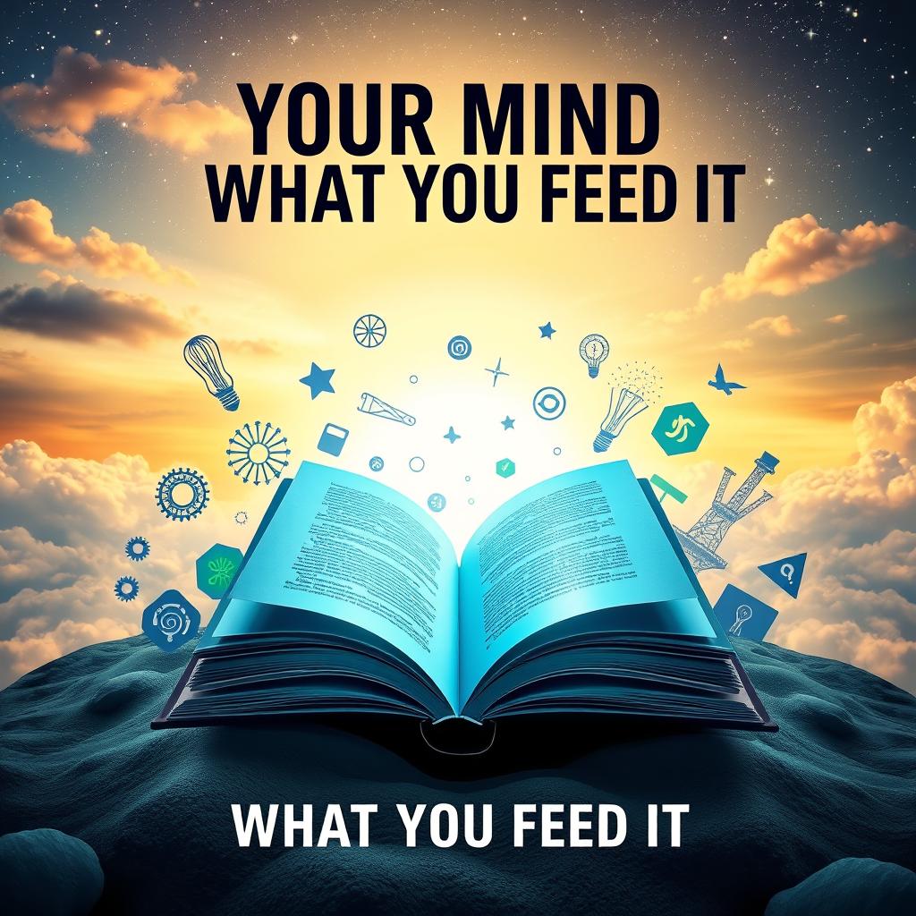 A captivating and thought-provoking book cover for 'YOUR MIND FINDS WHAT YOU FEED IT'