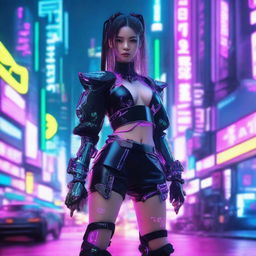 A stunning cyberpunk Korean young girl wielding futuristic swords, adorned with neon accents against a backdrop of a technologically advanced Seoul