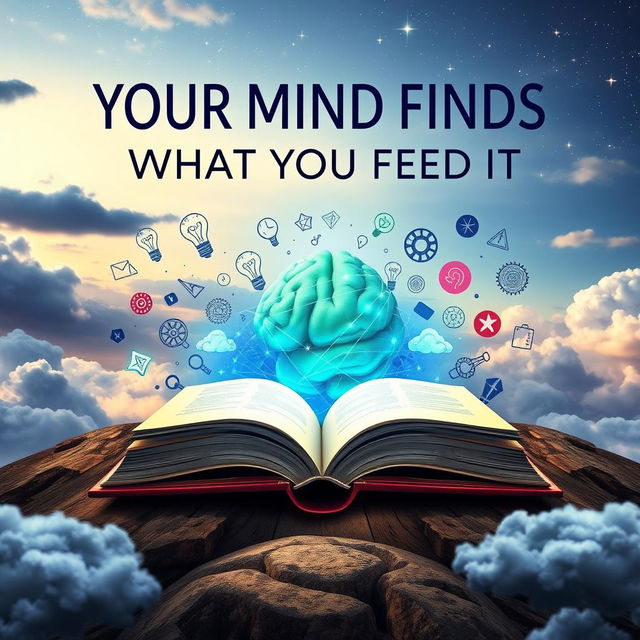 A captivating and thought-provoking book cover for 'YOUR MIND FINDS WHAT YOU FEED IT'