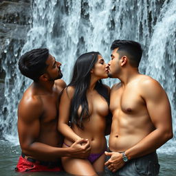 A passionate and intimate scene set beneath a stunning waterfall, featuring a hot, cute 18-year-old Pakistani girl engaging in a romantic encounter with two men