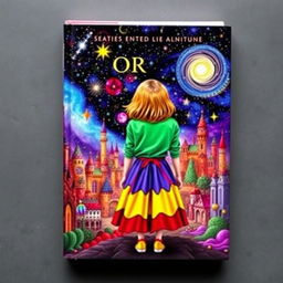 The book cover showcases a striking scene with a girl viewed from behind, adorned in a vibrant outfit that combines green, blue, yellow, red, and purple colors