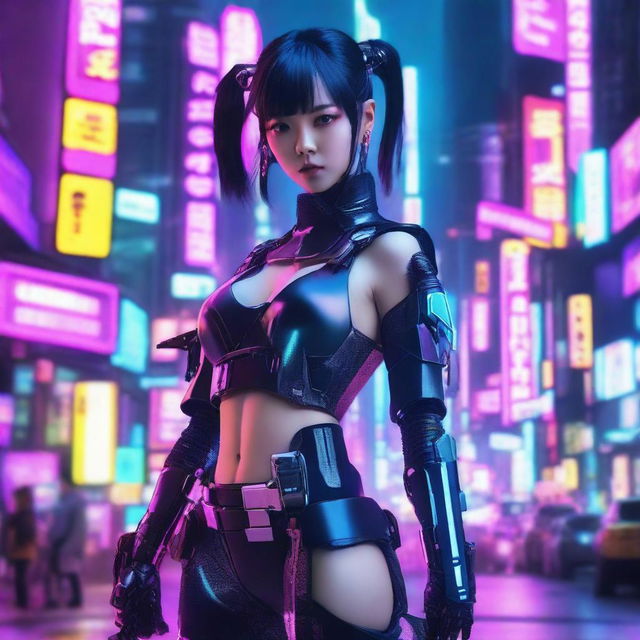 A stunning cyberpunk Korean young girl wielding futuristic swords, adorned with neon accents against a backdrop of a technologically advanced Seoul