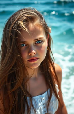 A girl with stunning blue eyes stands in front of the ocean, the waves gently crashing behind her
