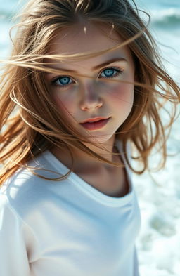 A girl with stunning blue eyes stands in front of the ocean, the waves gently crashing behind her