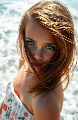 A girl with stunning blue eyes stands in front of the ocean, the waves gently crashing behind her