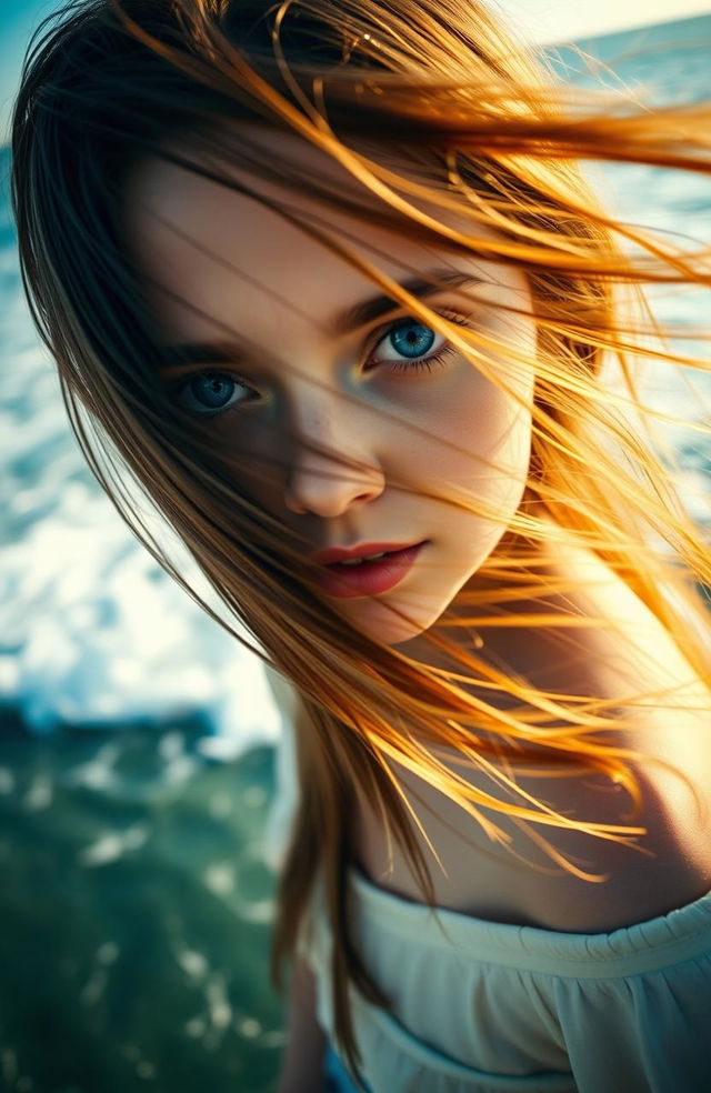 A girl with stunning blue eyes stands in front of the ocean, the waves gently crashing behind her