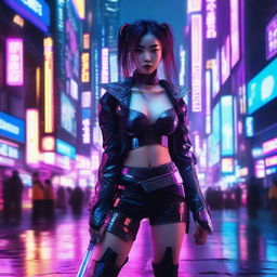 A stunning cyberpunk Korean young girl wielding futuristic swords, adorned with neon accents against a backdrop of a technologically advanced Seoul