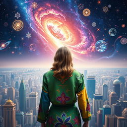In the center of the image, a young woman is depicted from behind, dressed in a vibrant outfit that features a harmonious blend of green, blue, yellow, red, and purple colors