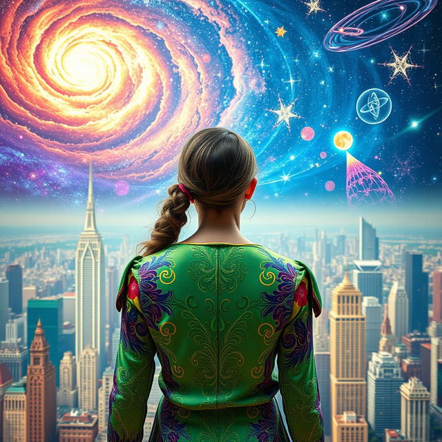 In the center of the image, a young woman is depicted from behind, dressed in a vibrant outfit that features a harmonious blend of green, blue, yellow, red, and purple colors