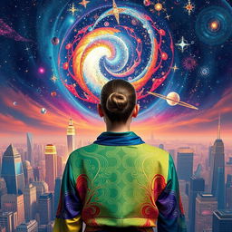 In the center of the image, a young woman is depicted from behind, dressed in a vibrant outfit that features a harmonious blend of green, blue, yellow, red, and purple colors