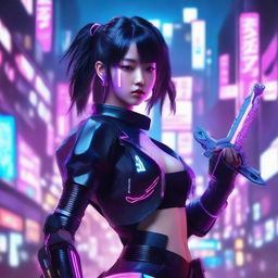 A stunning cyberpunk Korean young girl wielding futuristic swords, adorned with neon accents against a backdrop of a technologically advanced Seoul