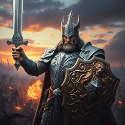 A fierce and powerful Paladin of Vengeance, standing tall in intricate silver armor adorned with symbols of justice and retribution