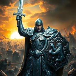 A fierce and powerful Paladin of Vengeance, standing tall in intricate silver armor adorned with symbols of justice and retribution